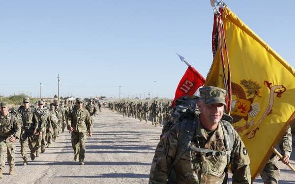 A large column of U.S. Army soldiers in OCP (Operational Camouflage Pattern) uniforms conducts a road march along a gravel/dirt road in an arid environment. Soldiers in the foreground carry unit guidons, including a prominent yellow regimental flag and a red guidon with the number '3' visible. The formation stretches far into the background under a clear blue sky.