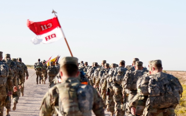 A large column of soldiers in camouflage uniforms and full rucksacks are conducting a road march along a dirt/gravel road in an arid, desert-like environment. A prominent red and white guidon flag bearing the number '113' and 'HQ' is visible, identifying this as a Headquarters element of the 113th unit. Additional unit guidons can be seen further down the column.