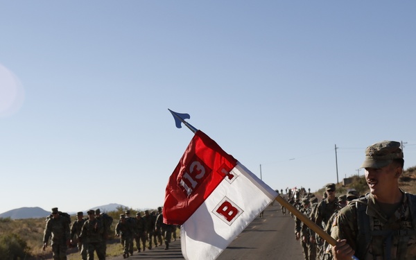 A column of soldiers in camouflage uniforms and full gear conducts a road march along a paved desert road. A soldier in the foreground carries a red and white unit guidon flag bearing markings consistent with 'B' Company and what appears to be '113' or similar unit designation. The terrain and vegetation suggest an arid southwestern United States environment, likely near a military installation.