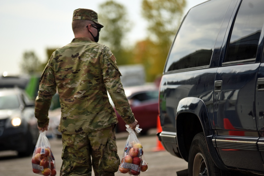 Members from the 110th Wing Battle Creek work with the Food Bank of South Michigan