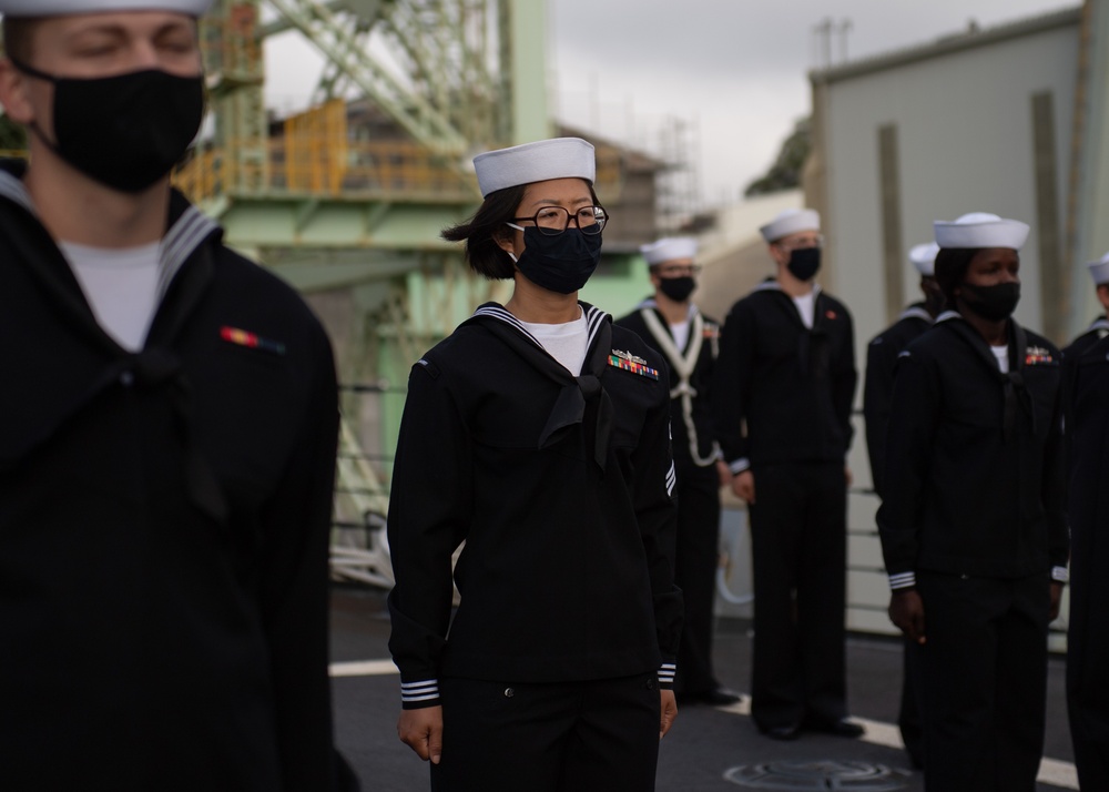 USS Barry Sailors Stand At Attention For Colors