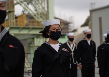 USS Barry Sailors Stand At Attention For Colors