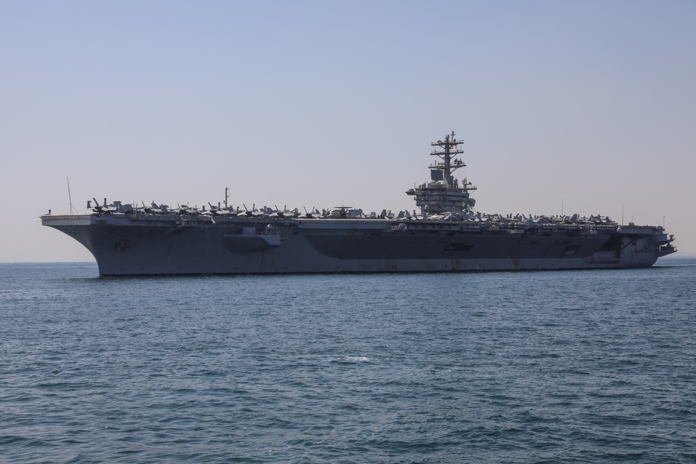 USS Nimitz departs from Bahrain after a maintenance and logistics visit