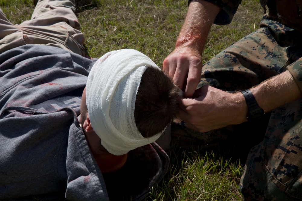 Sailors and Marines conduct a mass casualty evacuation