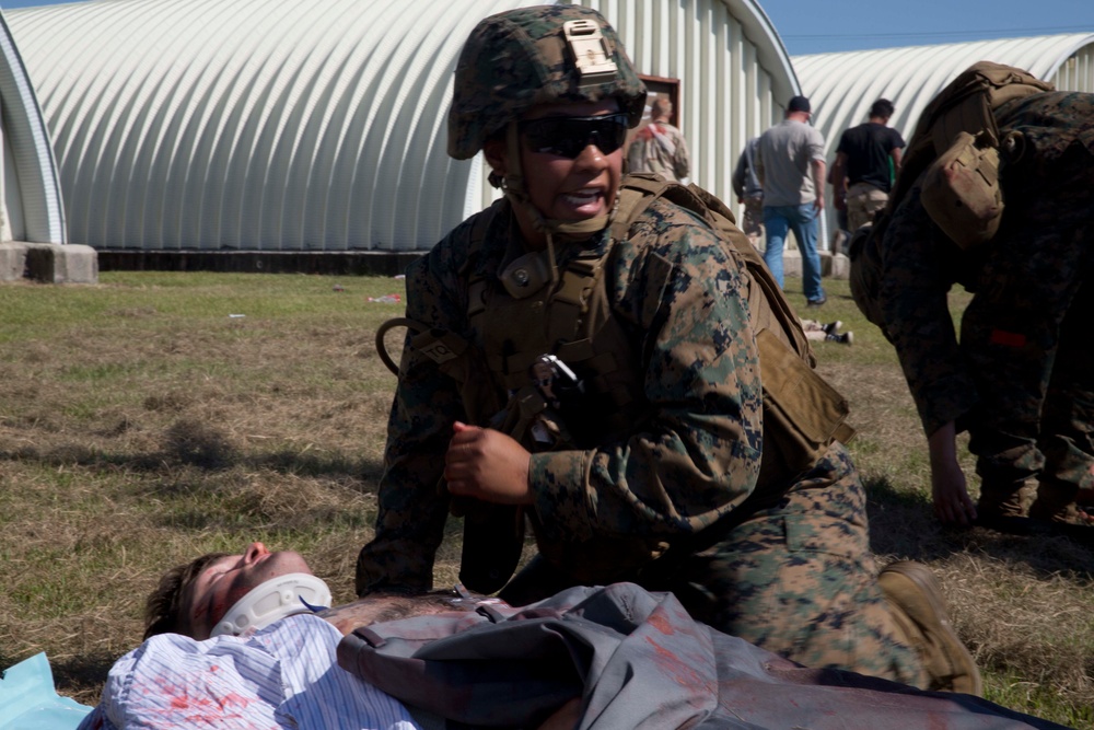 Sailors and Marines conduct a mass casualty evacuation