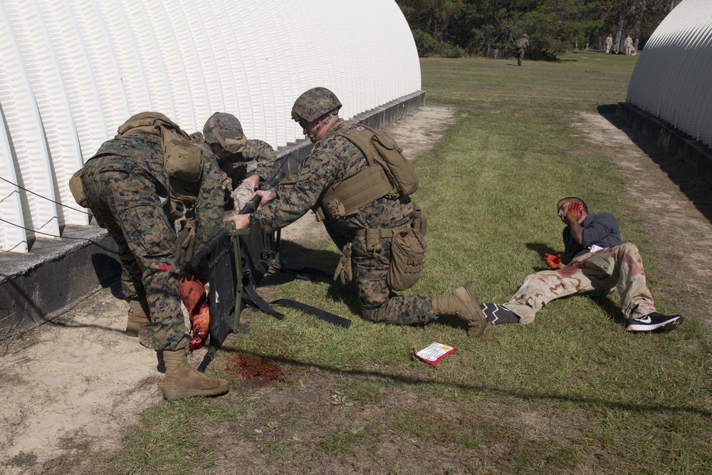 Sailors and Marines conduct a mass casualty evacuation