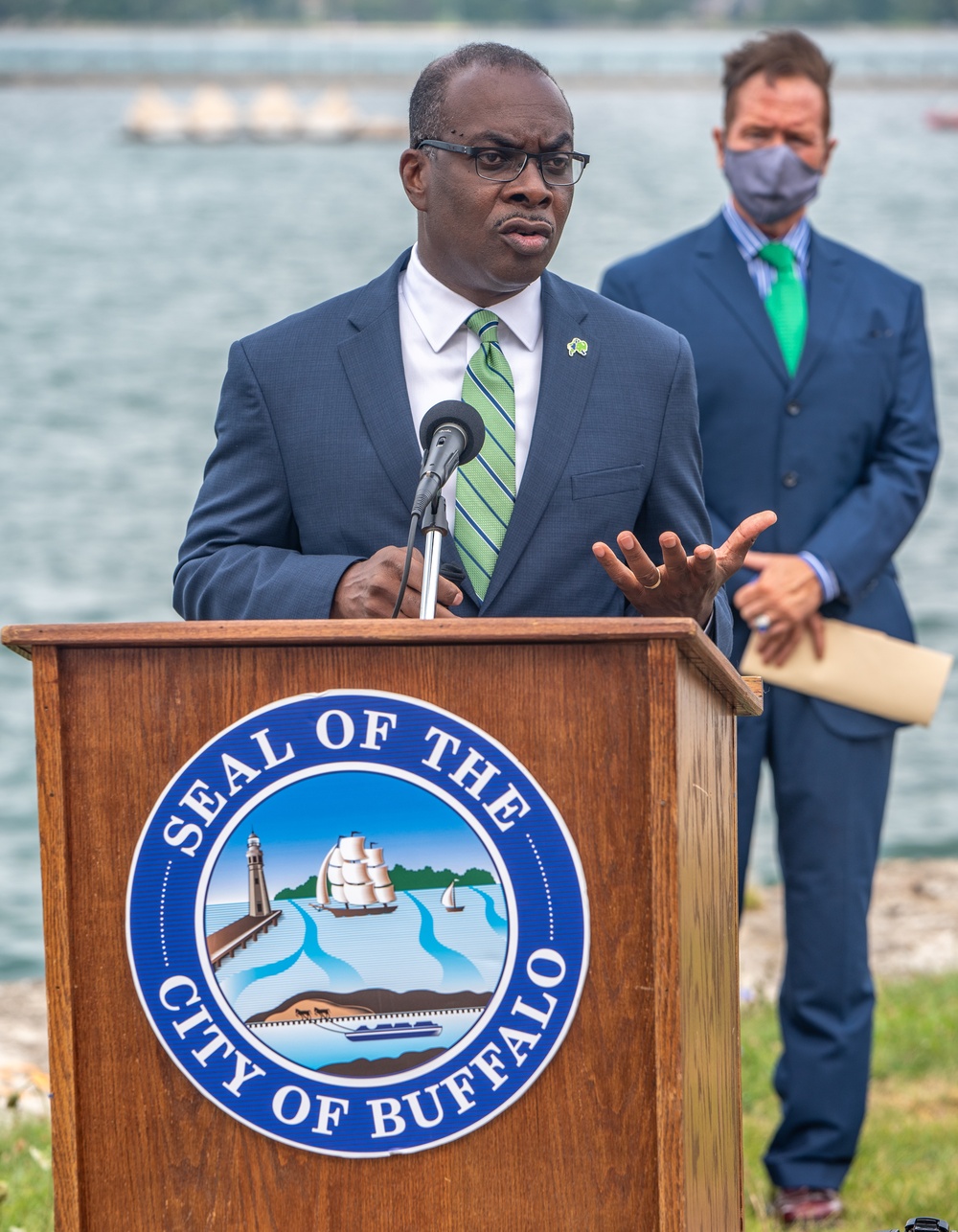 Groundbreaking ceremony for seawall repairs at Ralph C. Wilson, Jr. Centennial Park