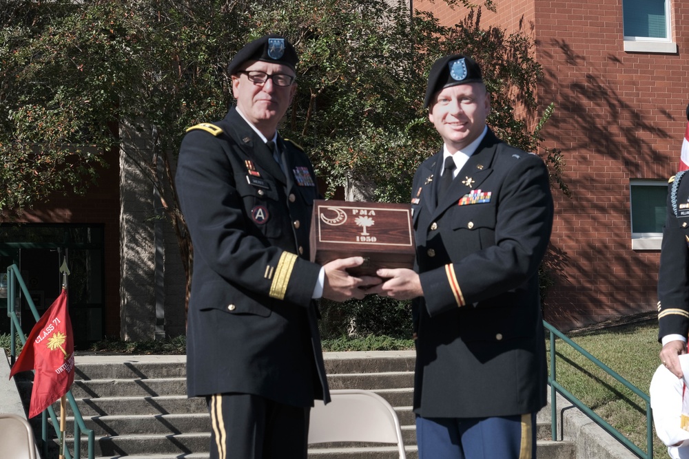 The South Carolina National Guard conducts a ceremony for the Palmetto Military Academy Officer Candidate School at McCrady Training Center