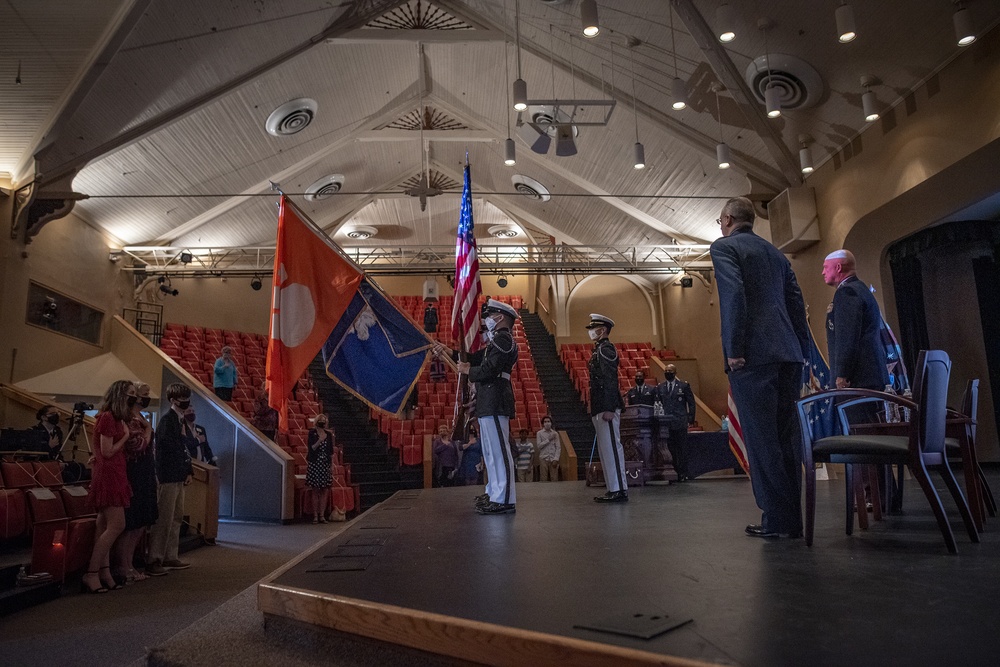 Army ROTC honor guard presents the colors for Air Force colonel's retirement ceremony