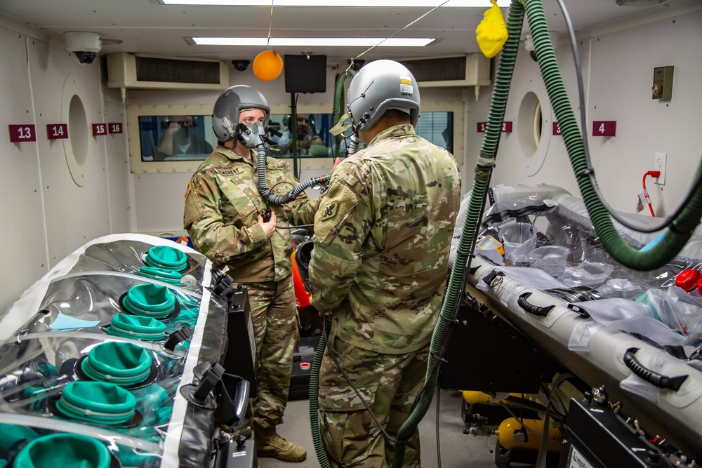 The U.S. Army Aeromedical Research Laboratory’s (USAARL) Enroute Care Group (ECG) and the U.S. Army Aviation School of Medicine (USASAM) preforms altitude testing on patient isolation units.