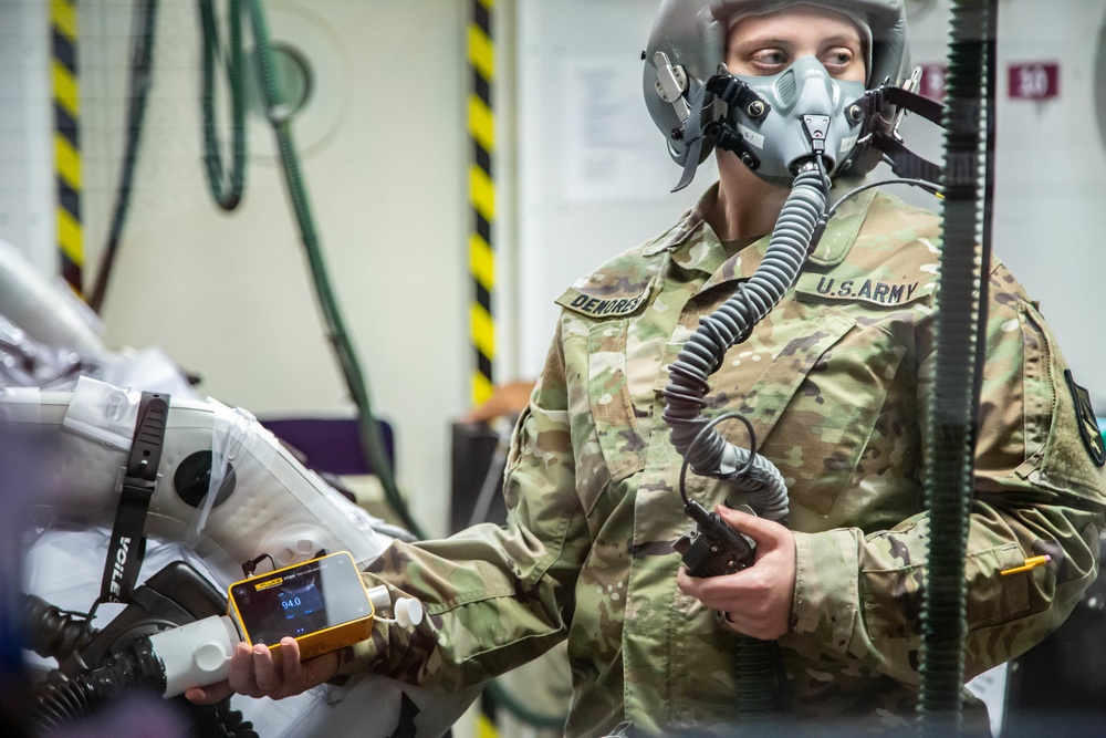 The U.S. Army Aeromedical Research Laboratory’s (USAARL) Enroute Care Group (ECG) and the U.S. Army Aviation School of Medicine (USASAM) preforms altitude testing on patient isolation units.