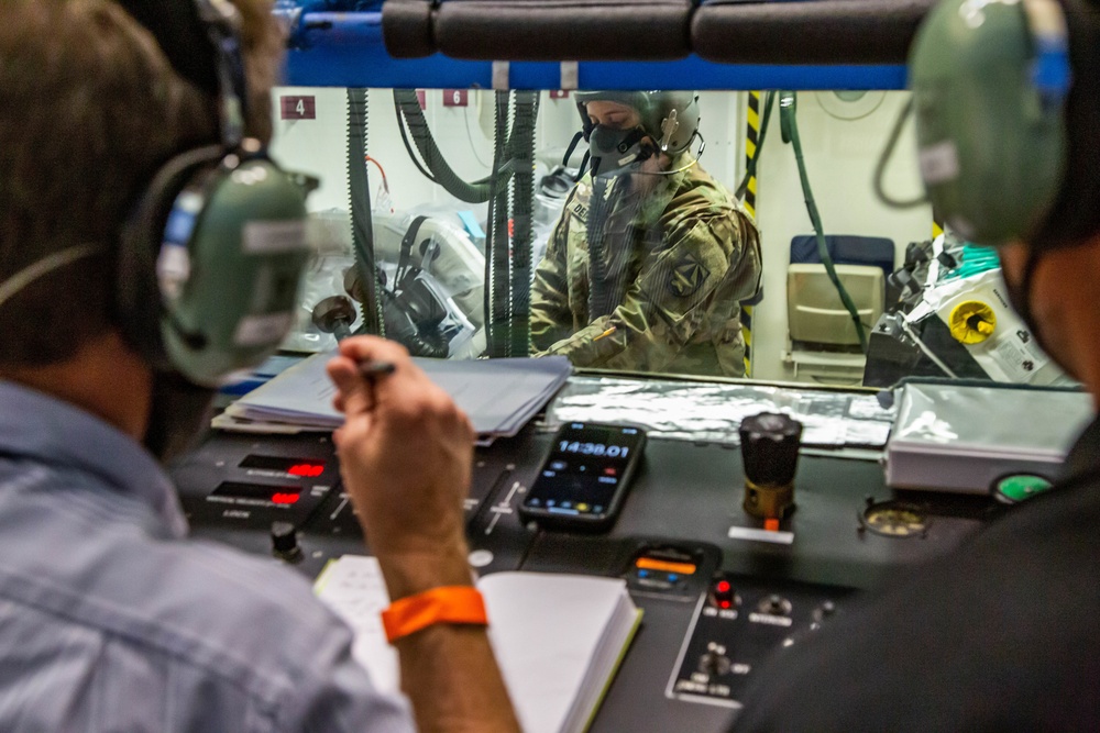 The U.S. Army Aeromedical Research Laboratory’s (USAARL) Enroute Care Group (ECG) and the U.S. Army Aviation School of Medicine (USASAM) preforms altitude testing on patient isolation units.