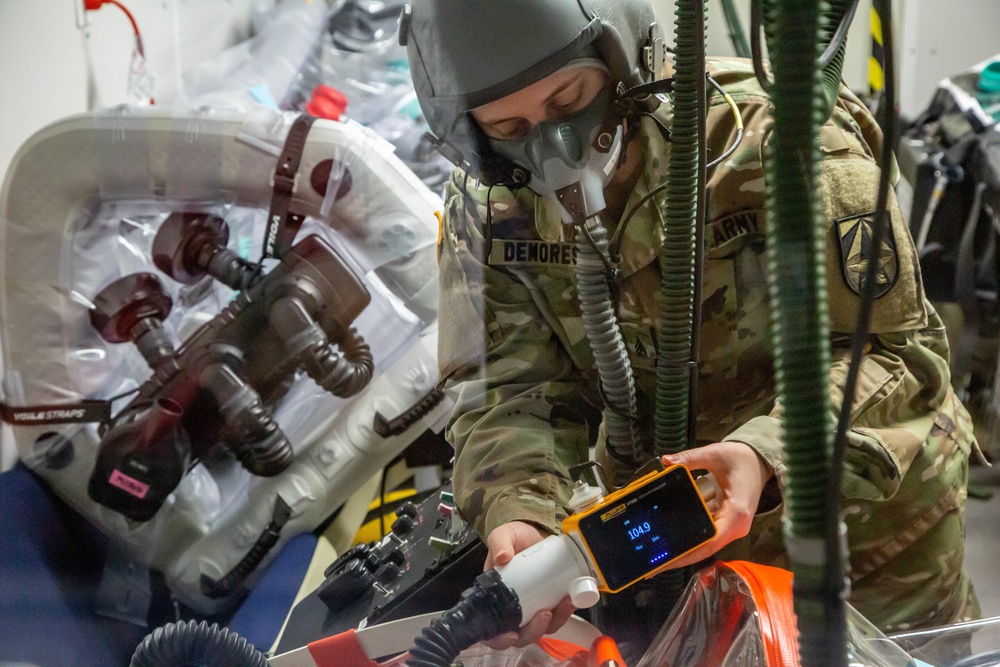 The U.S. Army Aeromedical Research Laboratory’s (USAARL) Enroute Care Group (ECG) and the U.S. Army Aviation School of Medicine (USASAM) preforms altitude testing on patient isolation units.