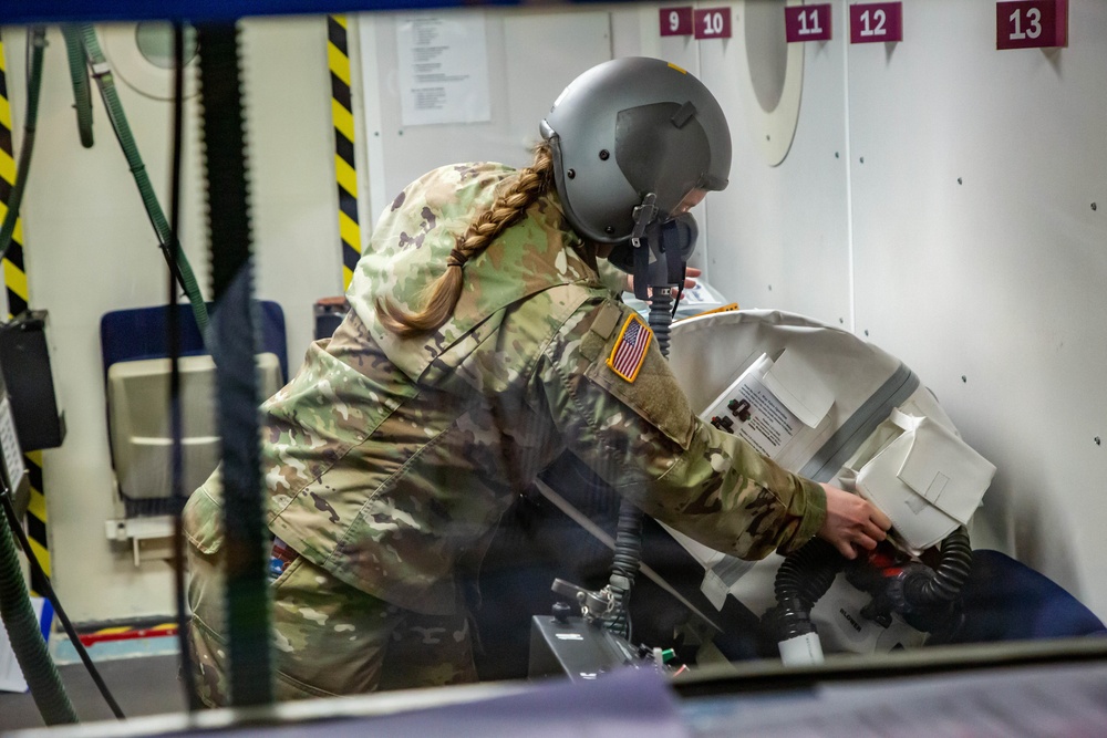 The U.S. Army Aeromedical Research Laboratory’s (USAARL) Enroute Care Group (ECG) and the U.S. Army Aviation School of Medicine (USASAM) preforms altitude testing on patient isolation units.