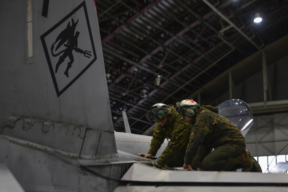 Marine Corps mechanics prep Hornets for take-off during RF-A 21-1