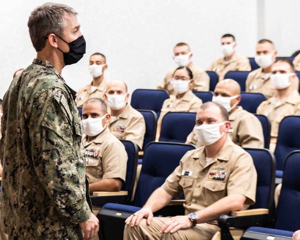 201022-N-TE695-0002 NEWPORT, R.I. (Oct. 22, 2020)  NSTC leadership speaks to Navy Officer Candidate School (OCS) students
