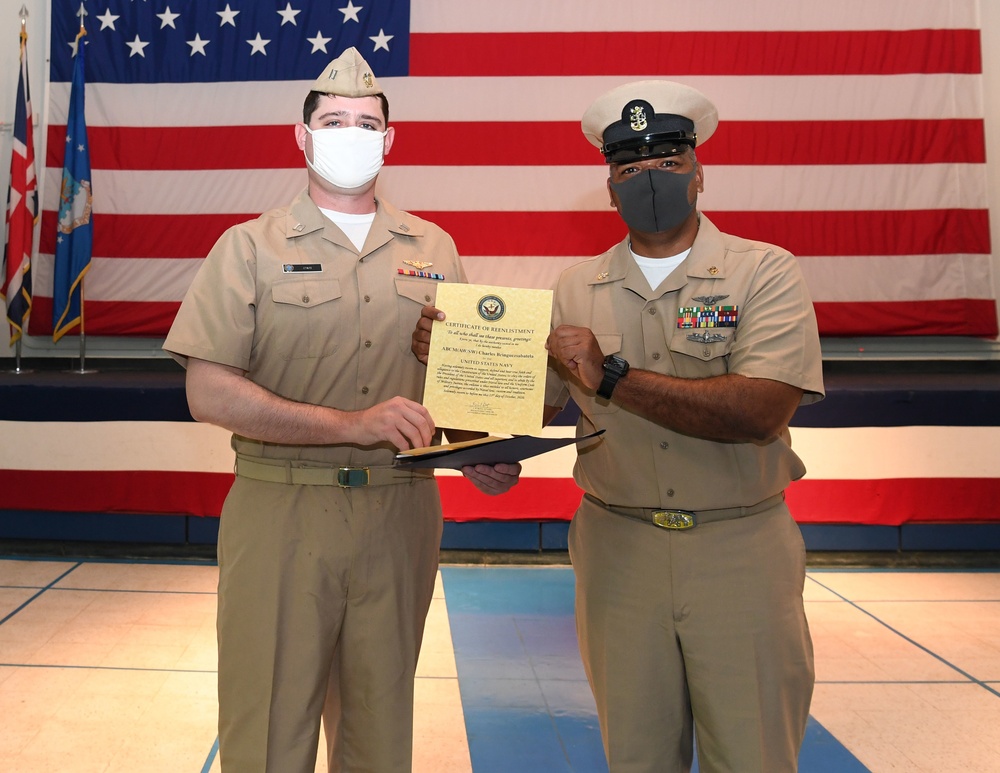 Master Chief Aviation Boatswain’s Mate (handling) Charles Bringuez Reenlistment Ceremony