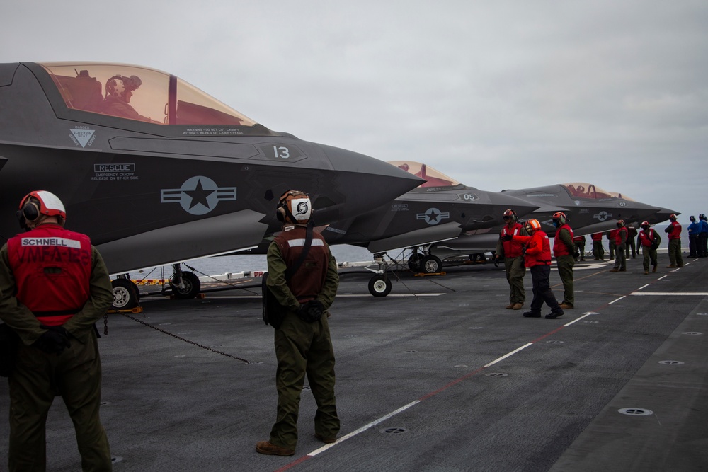 F-35Bs take off from USS Makin Island in eastern Pacific