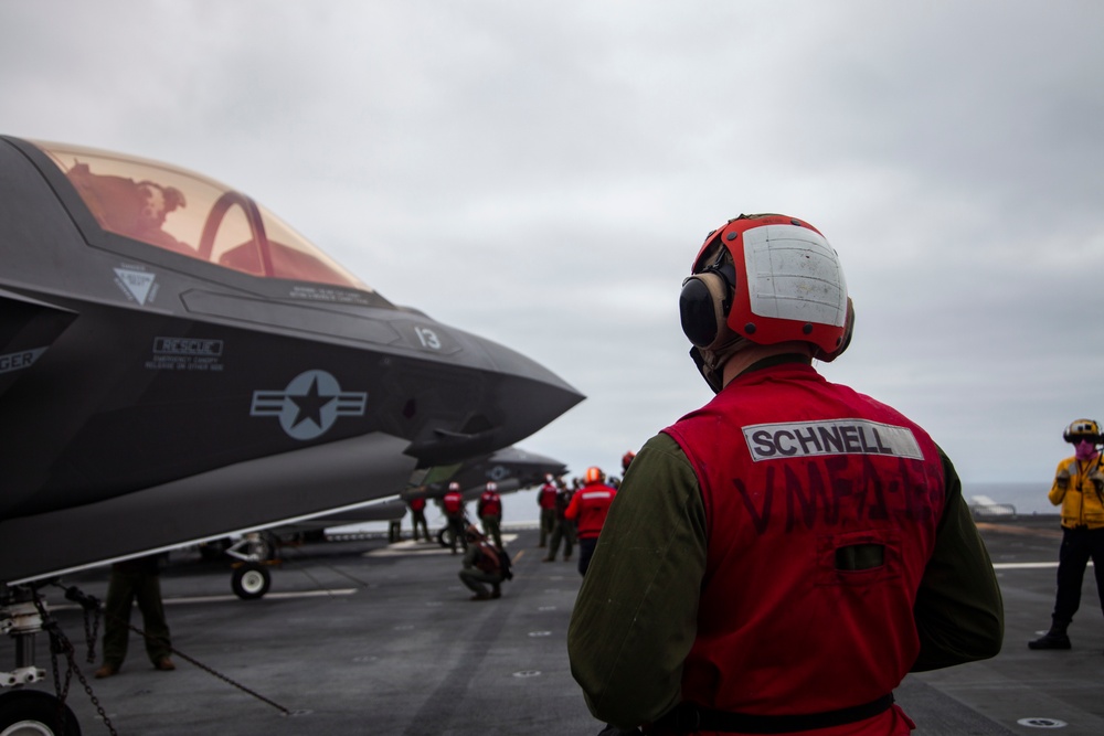 F-35Bs take off from USS Makin Island in eastern Pacific