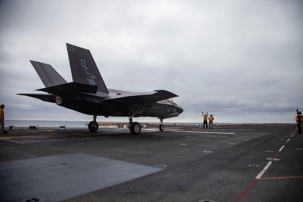 F-35Bs take off from USS Makin Island in eastern Pacific