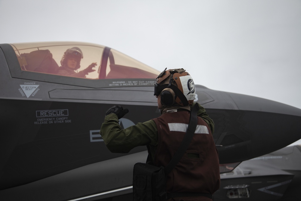 F-35Bs take off from USS Makin Island in eastern Pacific