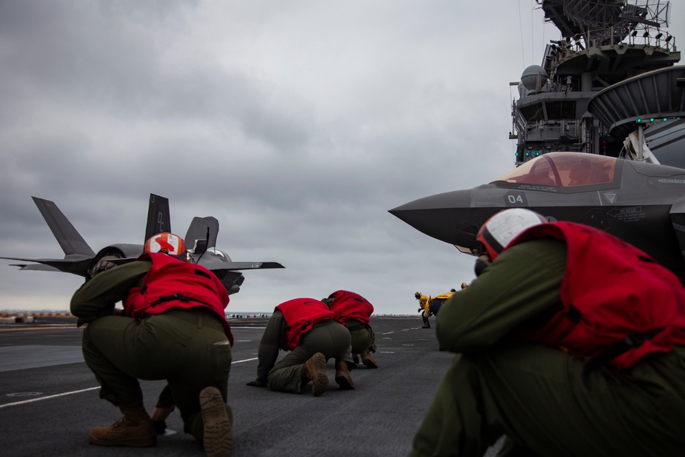 F-35Bs take off from USS Makin Island in eastern Pacific