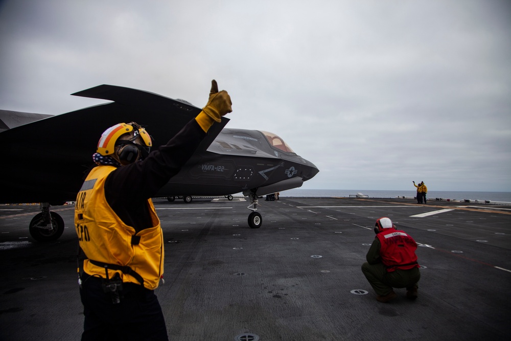 F-35Bs take off from USS Makin Island in eastern Pacific