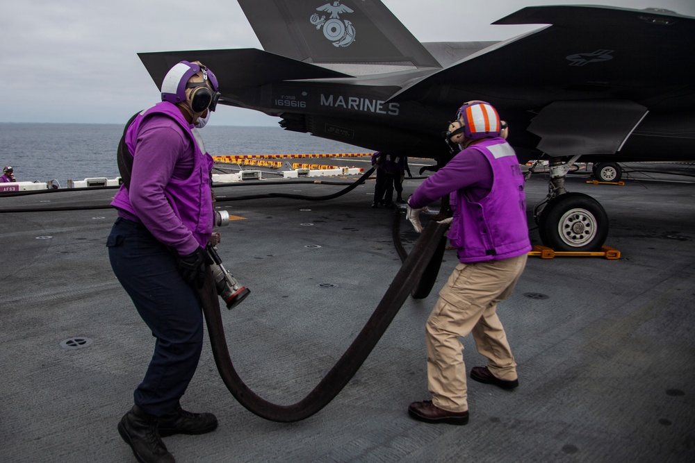 F-35Bs take off from USS Makin Island in eastern Pacific