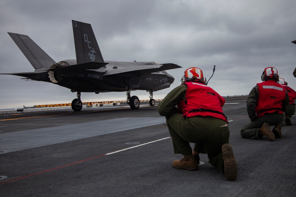 F-35Bs take off from USS Makin Island in eastern Pacific