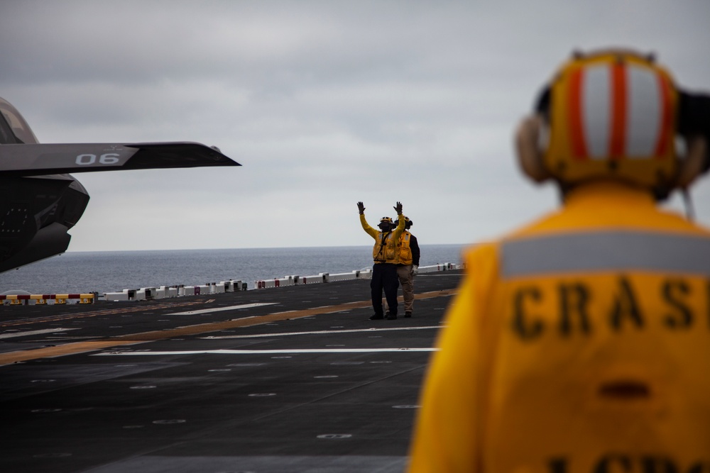 F-35Bs take off from USS Makin Island in eastern Pacific