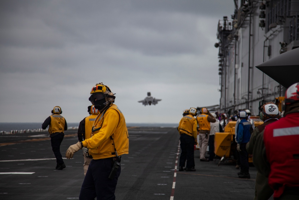 F-35Bs take off from USS Makin Island in eastern Pacific