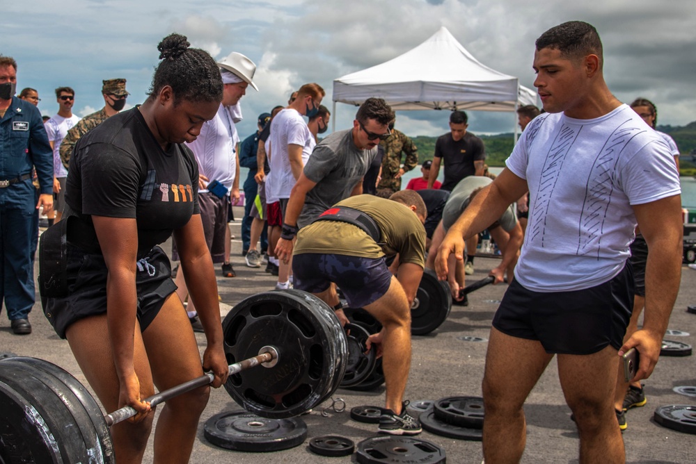 Let the games begin! Marines and Sailors aboard USS New Orleans hold a High intensity weightlifting competition