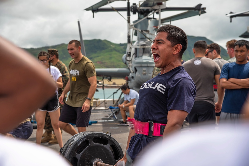 Let the games begin! Marines and Sailors aboard USS New Orleans hold a High intensity weightlifting competition