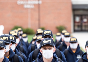 201027-N-TE695-0004 NEWPORT, R.I. (Oct. 27, 2020)  Navy OCS students standby to enter the combat pool