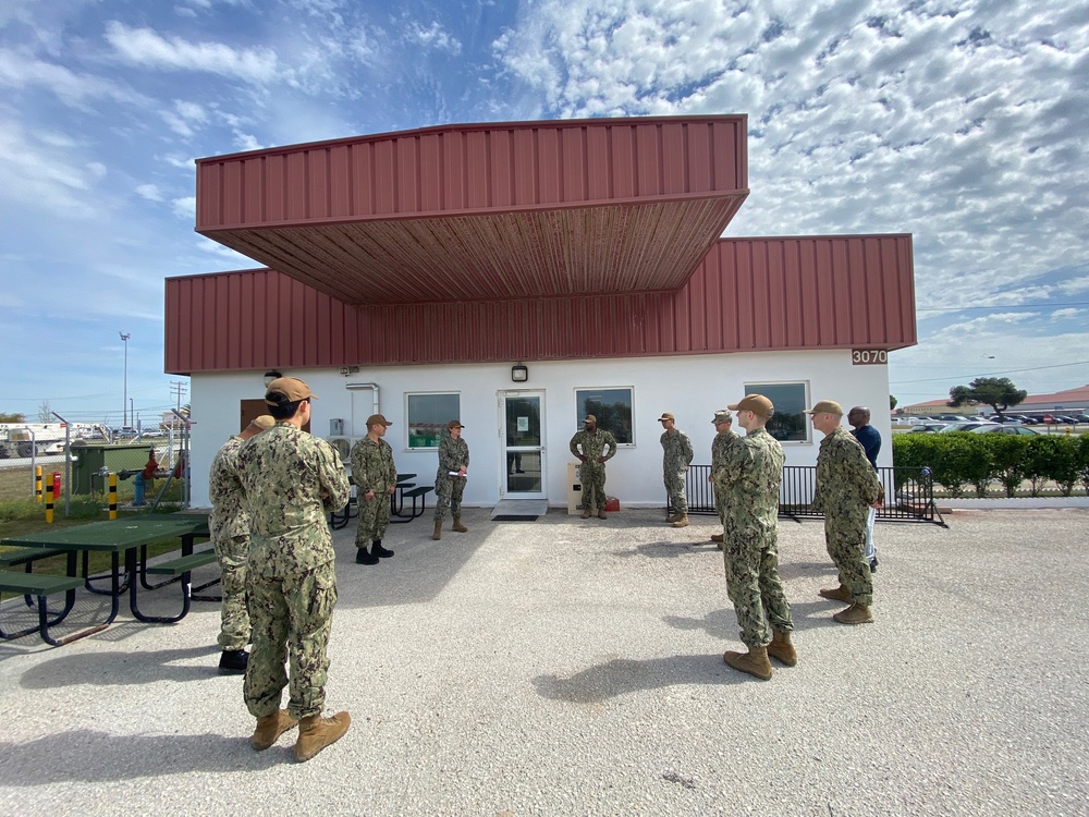 Navy Environmental and Preventive Medicine Unit Seven (NEPMU-7) conducts a socially distant all-hands meeting.