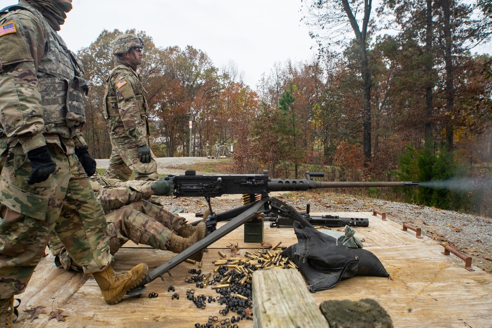 Soldiers of the 1st Theater Sustainment Command practice firing the M2 machine gun.