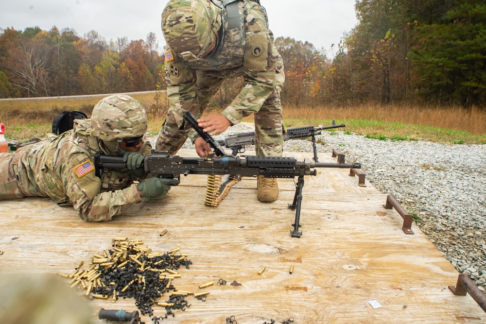 Soldiers of the 1st Theater Sustainment Command practice firing the M240B machine gun.