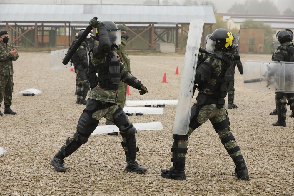 Albanian soldiers practice crowd control techniques