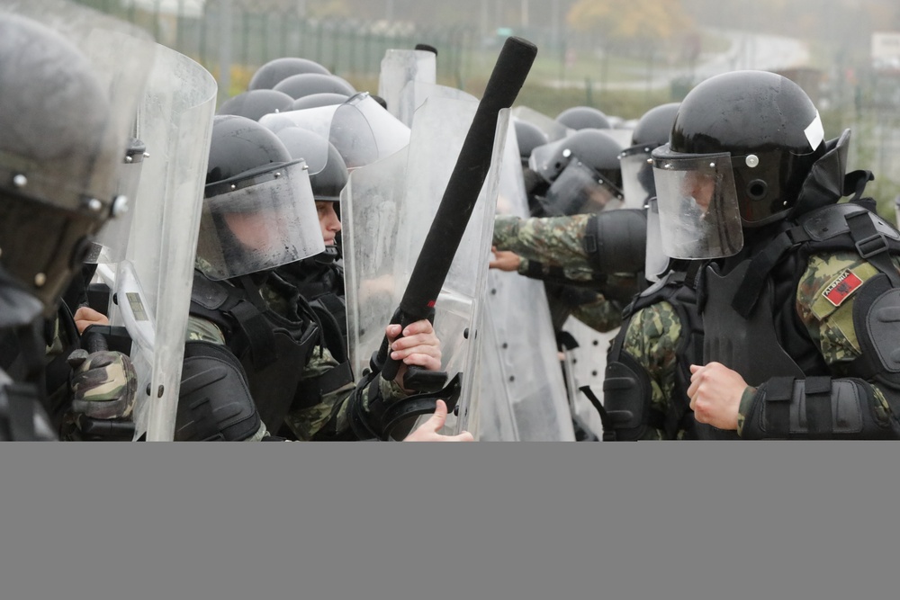 Albanian soldiers conduct crowd riot control training