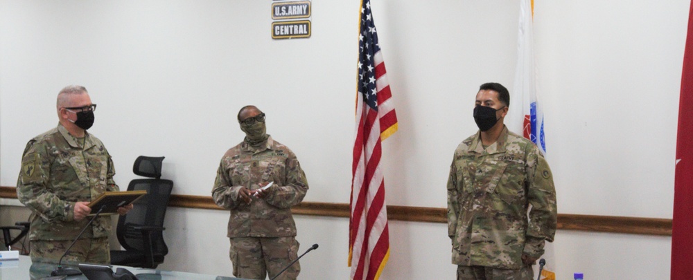 The 1st Theater Sustainment Command Awards Sustainer of the Week to Sergeant Luis Montellano