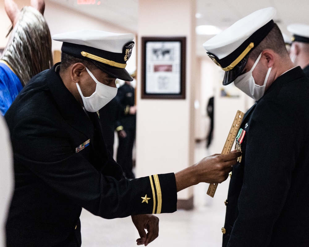 201103-N-TE695-0001 NEWPORT, R.I. (Nov. 3, 2020) Navy Limited Duty Officer/Chief Warrant Officer (LDO/CWO) Academy students conduct a uniform inspection