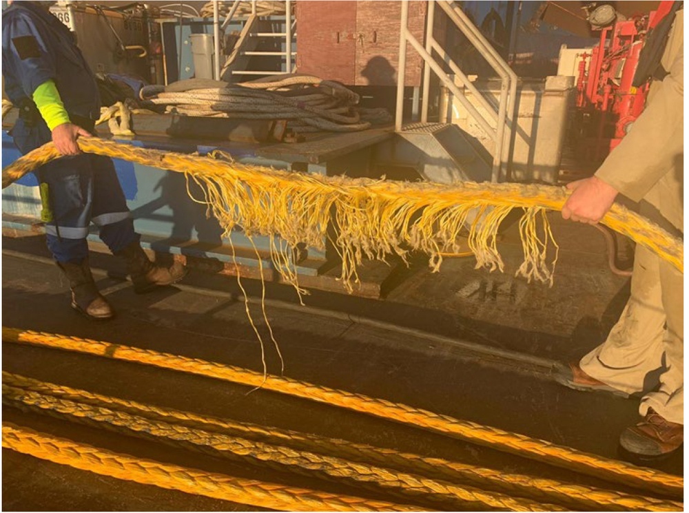 Workers hold heavily chafed mooring line
