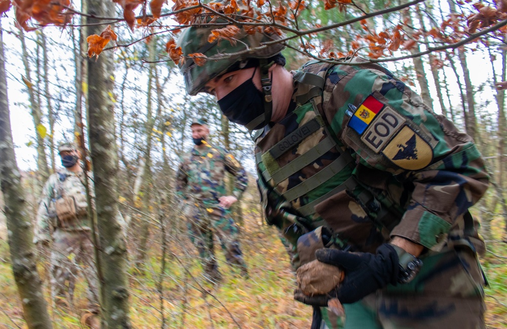 A Moldovan soldier conducts UXO training