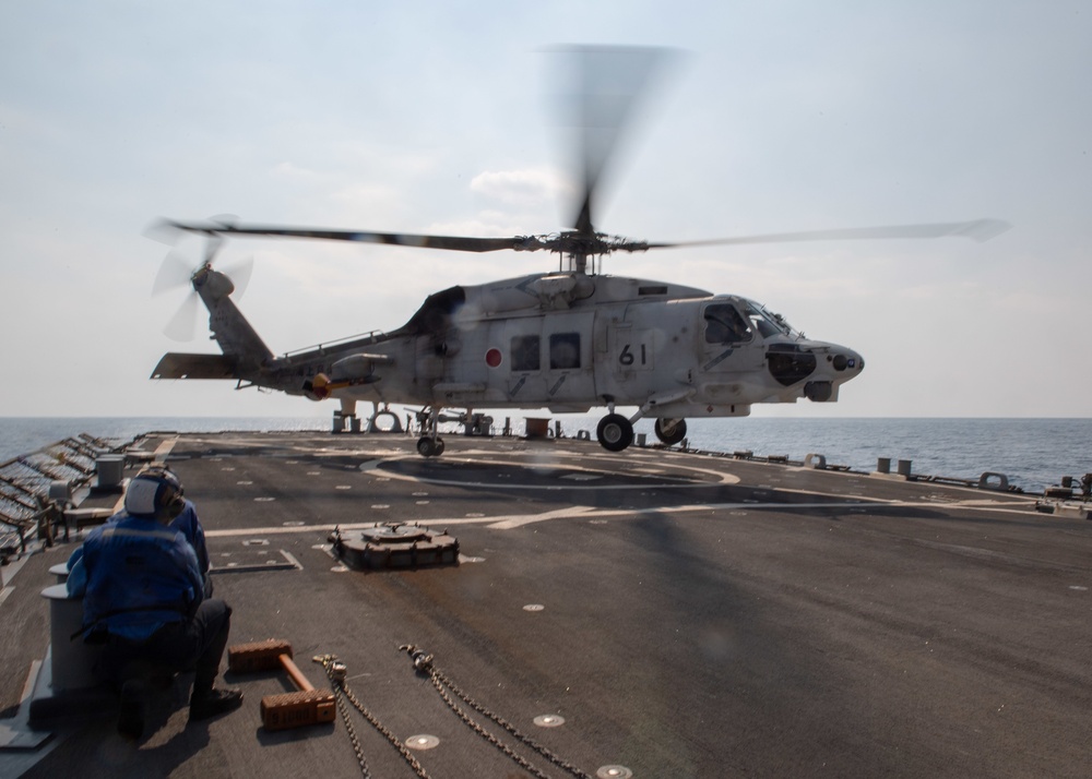 USS Barry Conducts a Helicopter Cross Deck Exercise with JS Ikazuchi