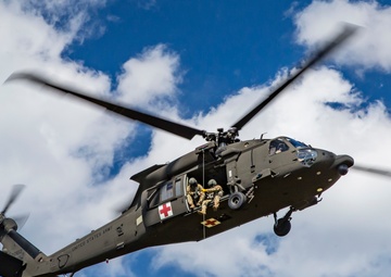 USAARL's UH-60M Black Hawk helicopter performing dynamic hoist operations
