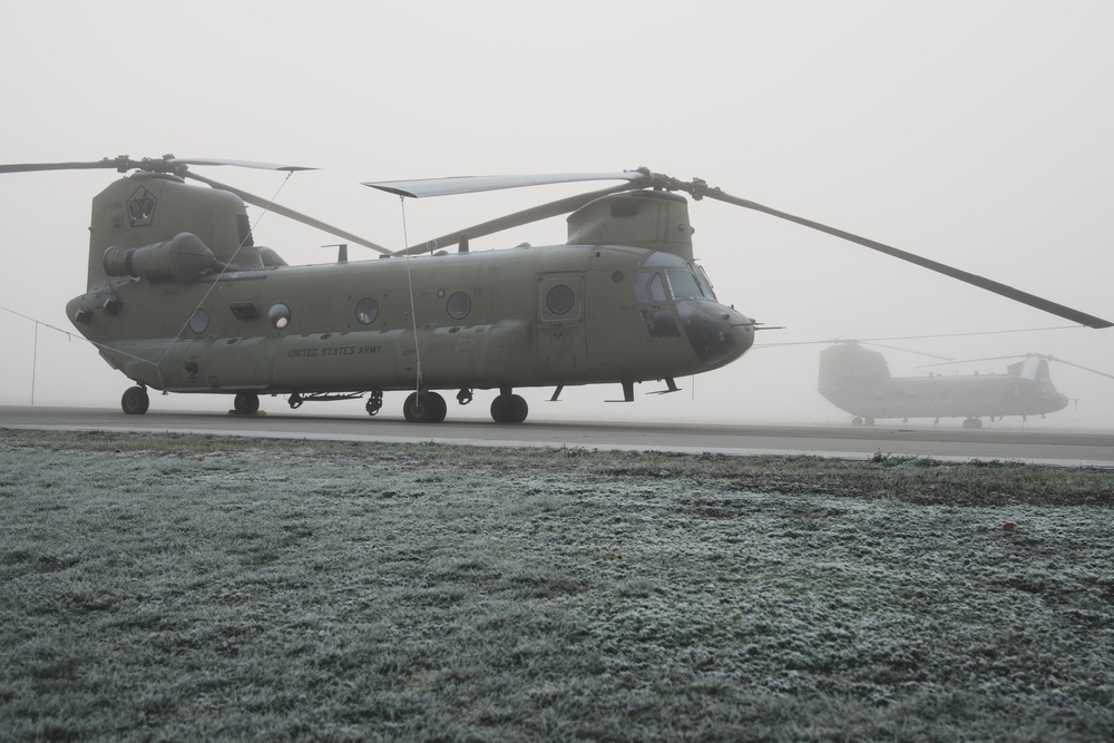 Chinooks in fog