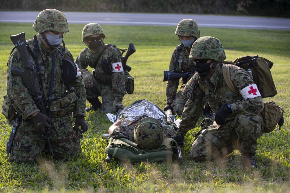 U.S. Marines and JGSDF conduct a simulated MEDEVAC on Camp Courtney