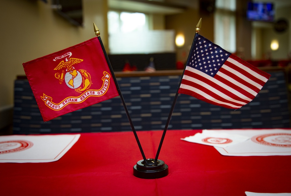 Marines with MCB Camp Lejeune celebrate the 245th Marine Corps Birthday at the French Creek 65 Mess Hall