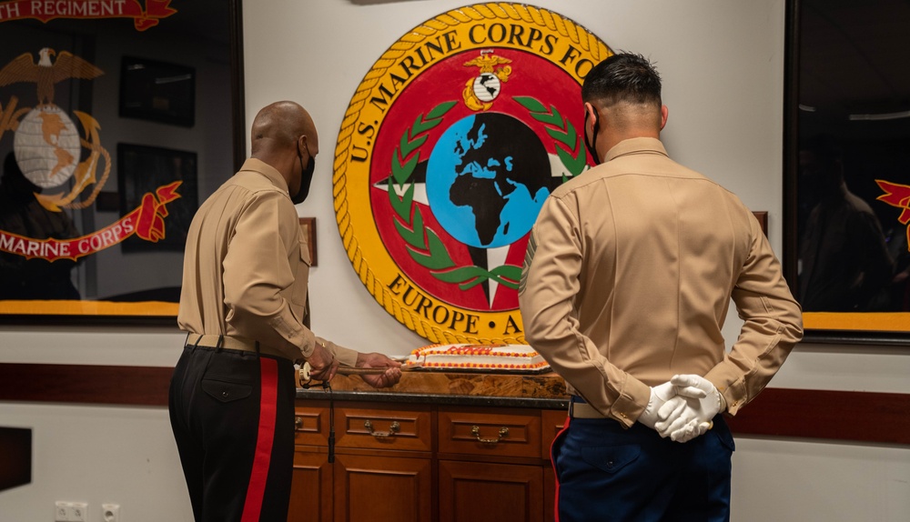 MARFOREURAF Marine Corps birthday cake cutting ceremony