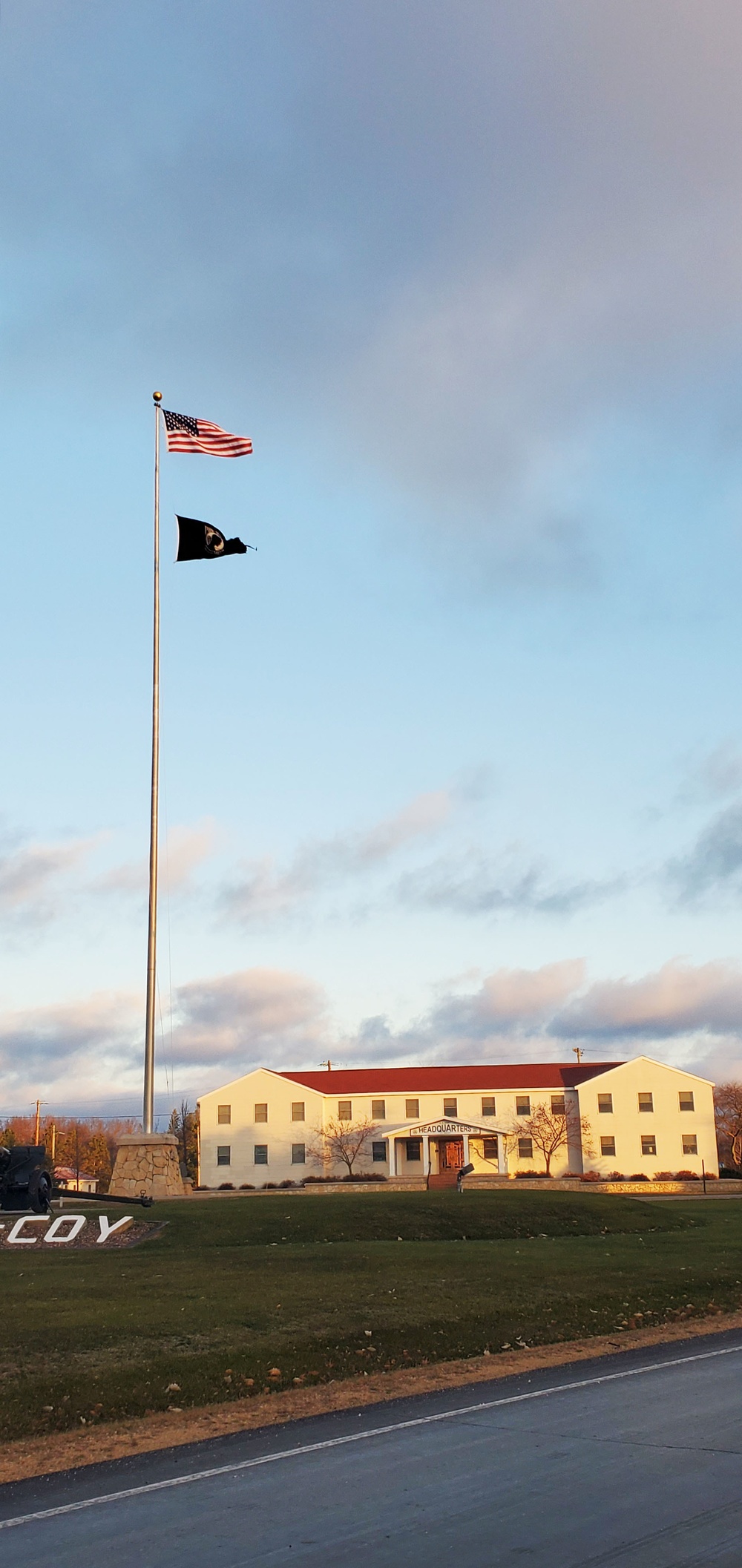 American flag, sunrise, and Veterans Day at Fort McCoy